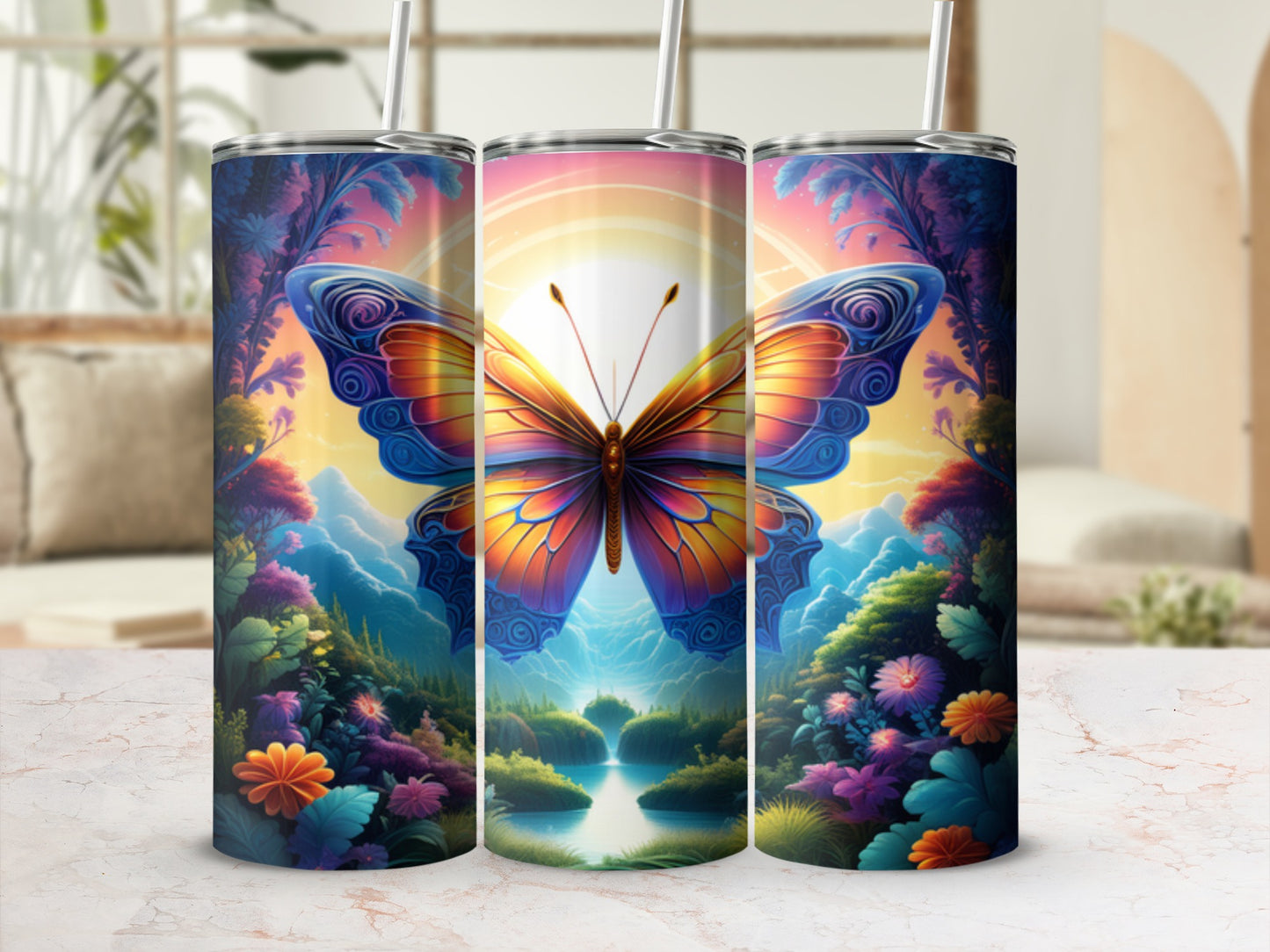 Tumbler with vibrant butterfly and colorful landscape design.