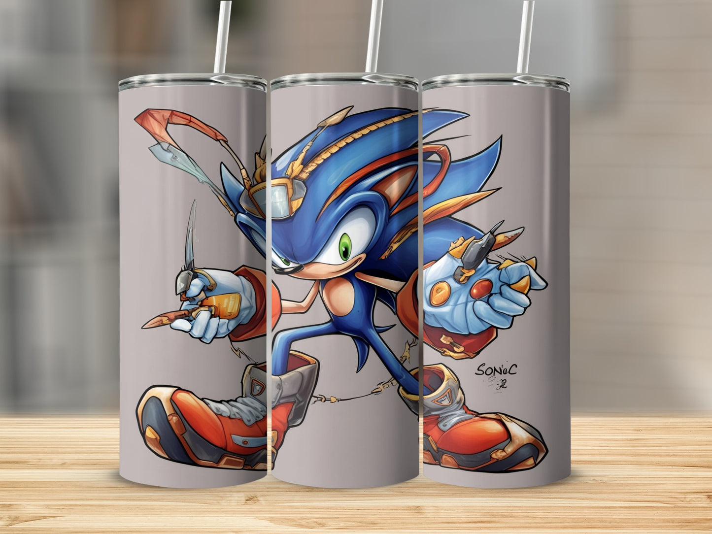 Sonic the Hedgehog with cybernetic enhancements, holding weapons.
