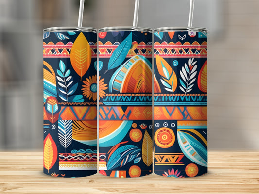 Three tumblers with a tribal-inspired pattern of feathers, leaves, and geometric shapes.