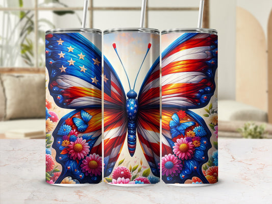 Tumbler with American flag butterfly and floral design.