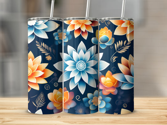 Three tumblers with blue, orange, and white floral patterns on a wooden surface.