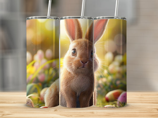 Brown bunny surrounded by tulips and Easter eggs on a wooden surface.