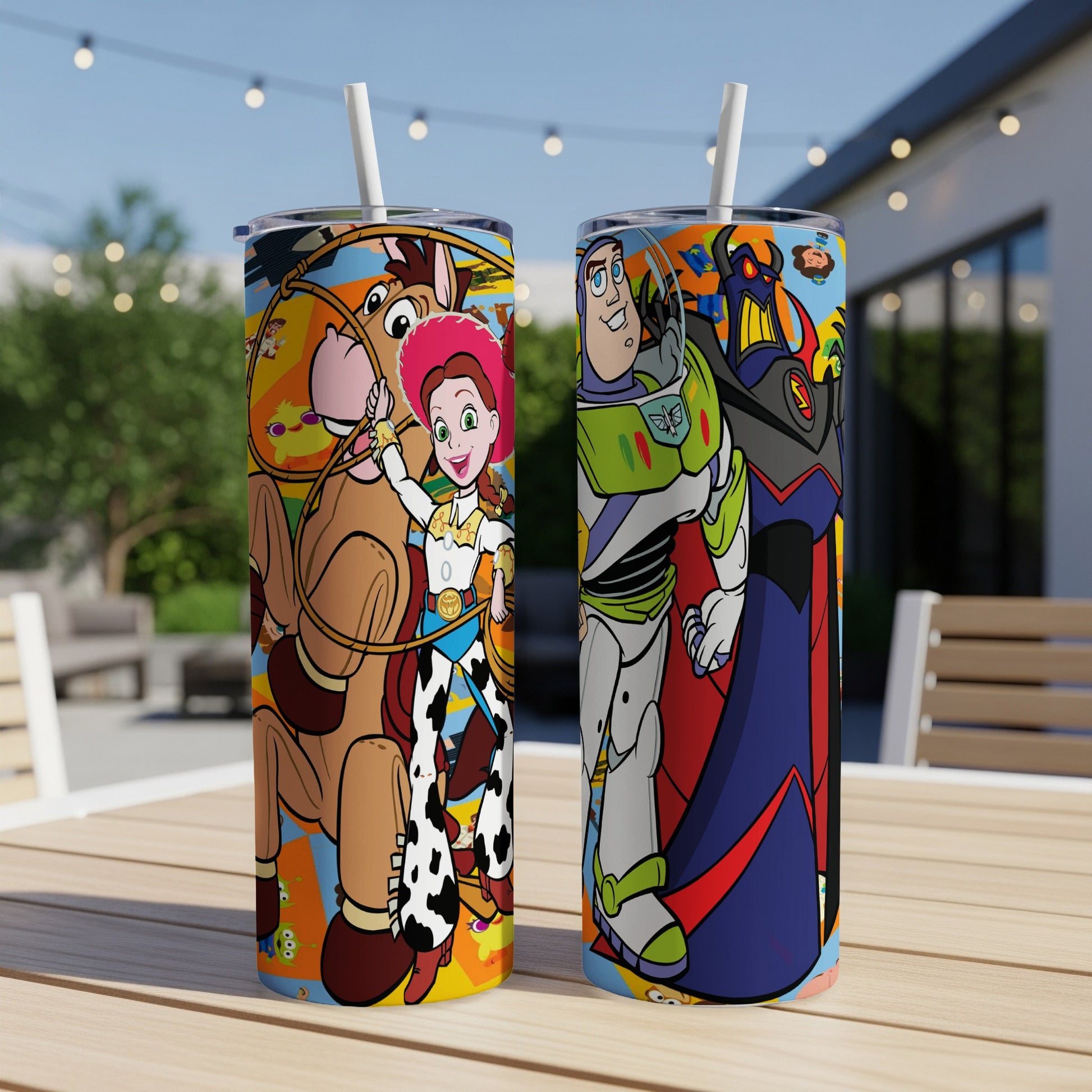 Toy Story characters Woody, Jessie, and Zurg on two colorful skinny tumblers.