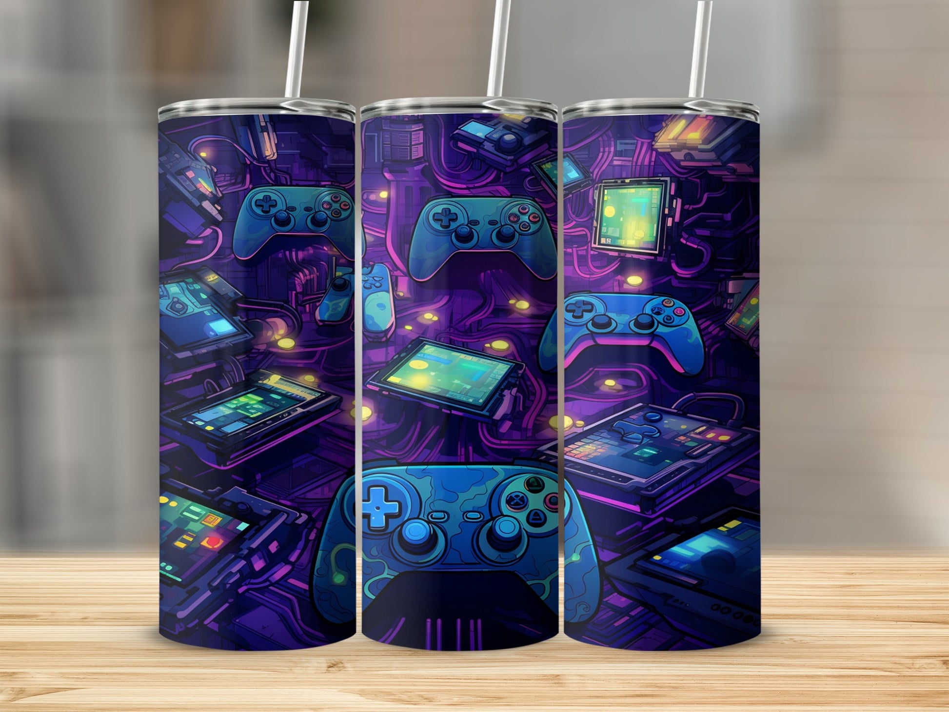 Video game controllers and screens in a neon purple and blue abstract design.