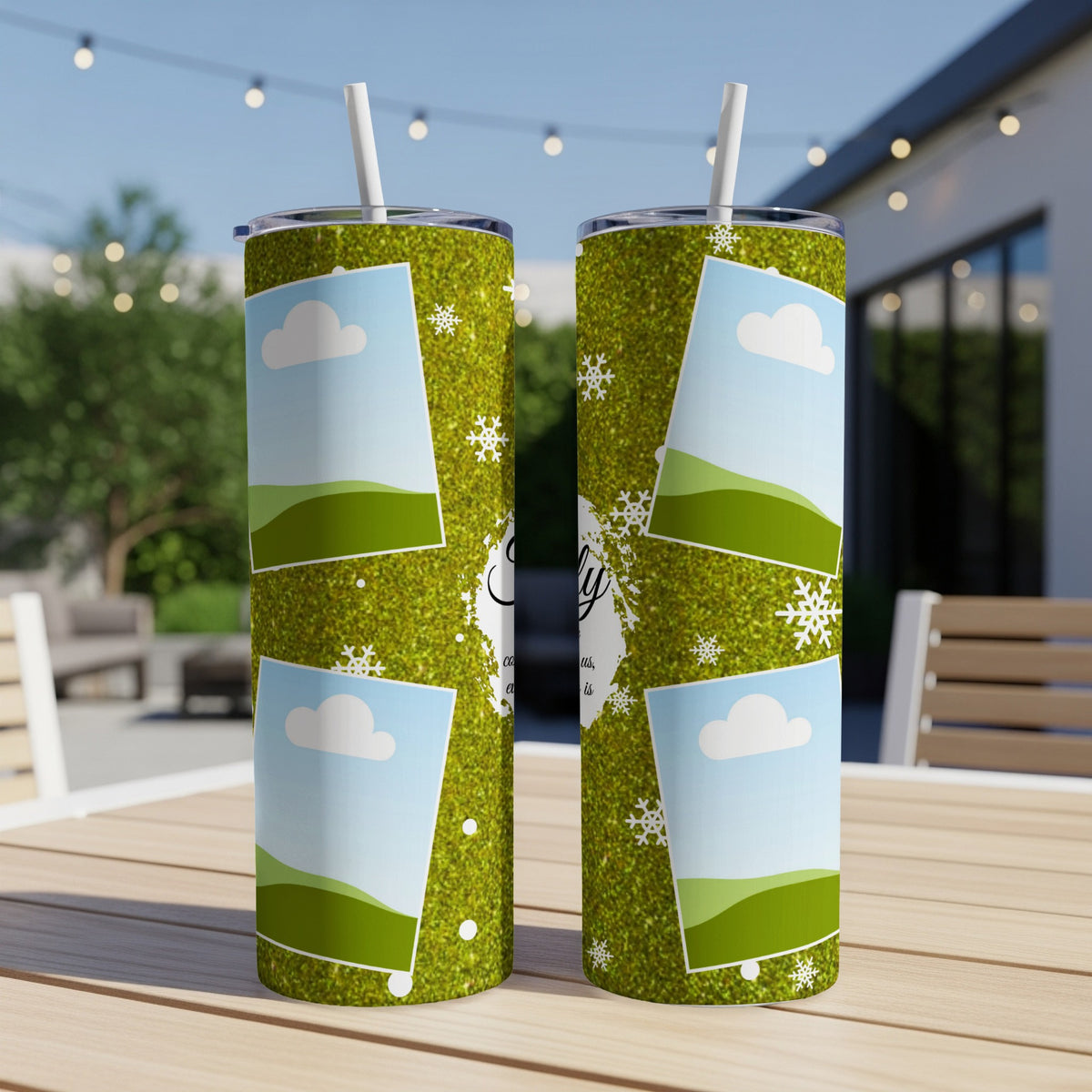 Two tumblers with glittery green backgrounds, photo frames, and snowflakes.