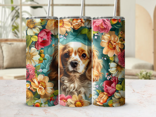 Triptych of floral-adorned tumblers, featuring a Cavalier King Charles Spaniel's portrait.