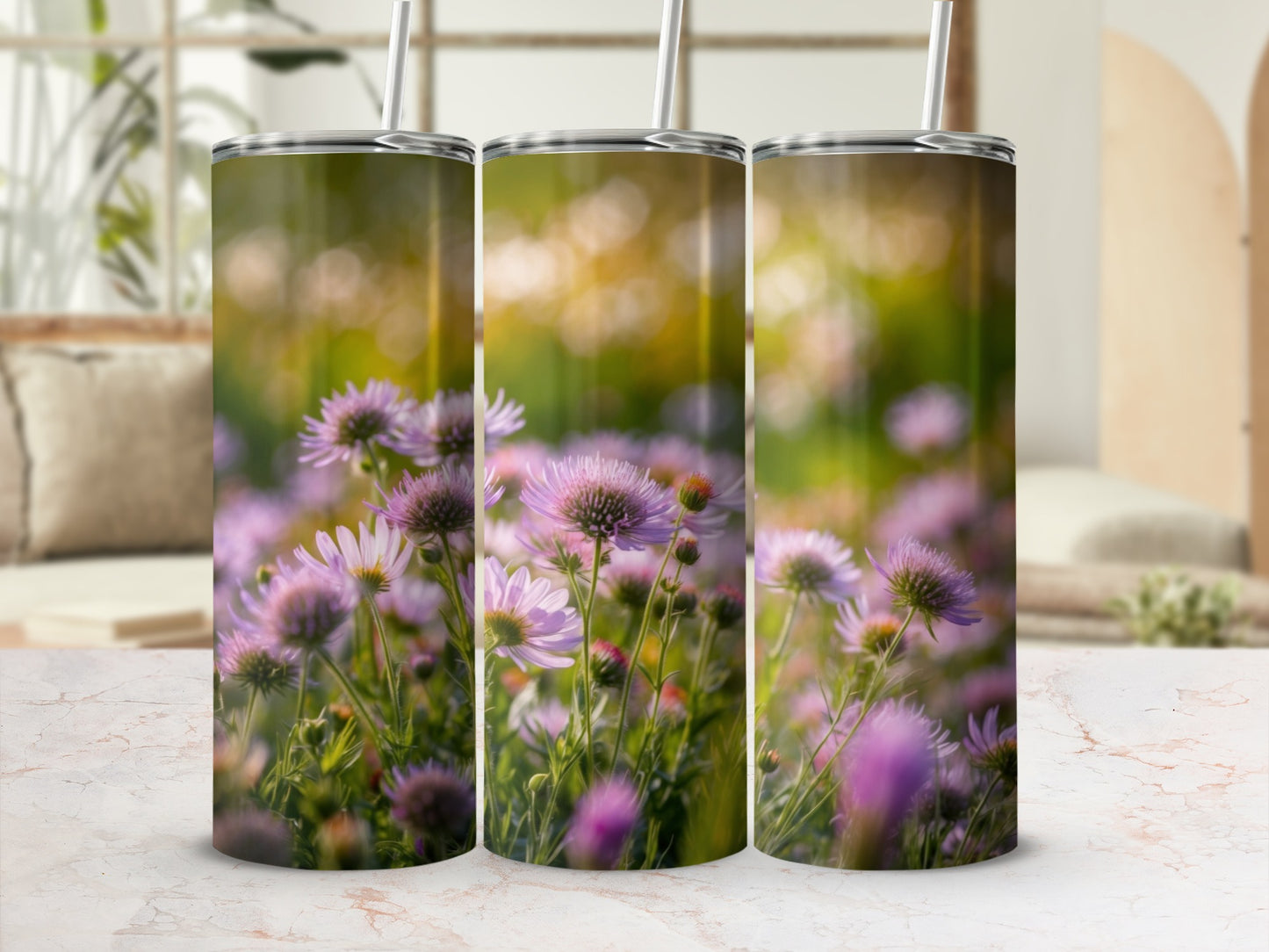 Three tumblers featuring a close-up of purple wildflowers with blurred background.