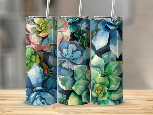 Three tumblers with watercolor succulent designs stand on a wooden surface.