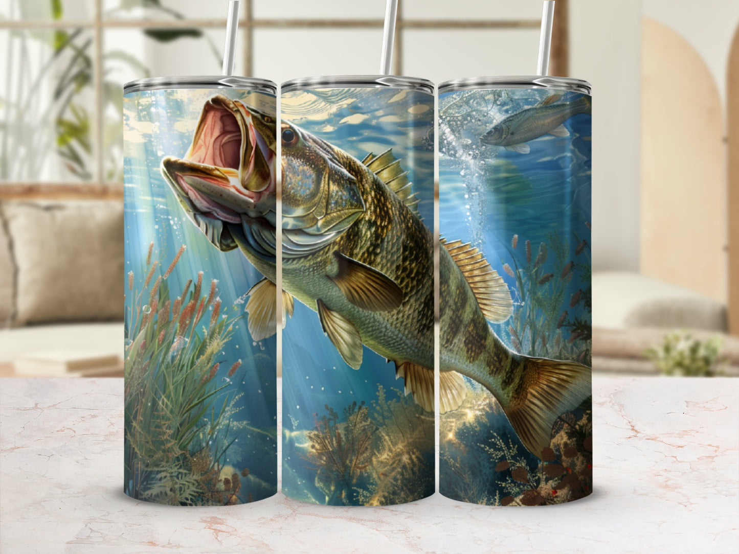 Large bass fish leaping from water with open mouth, seen from below.