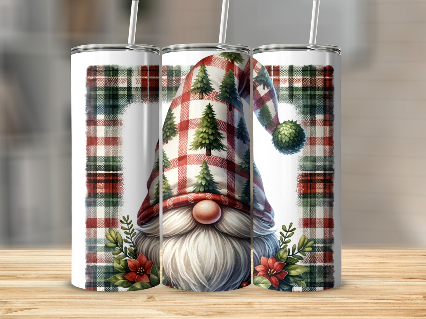 Christmas gnome with plaid hat and pine trees, surrounded by poinsettias.