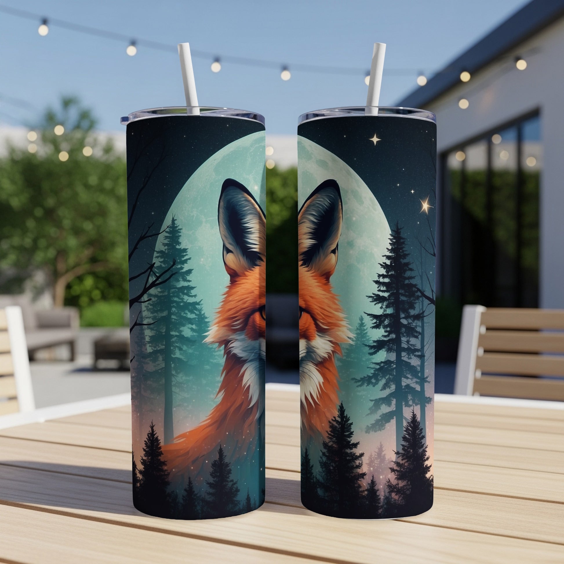 Two tumblers with a fox and moon design on an outdoor table.