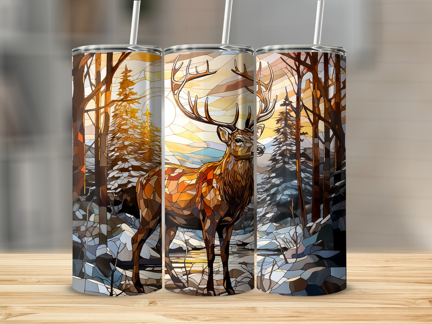Stained glass art tumbler featuring a stag in a snowy forest at sunset.