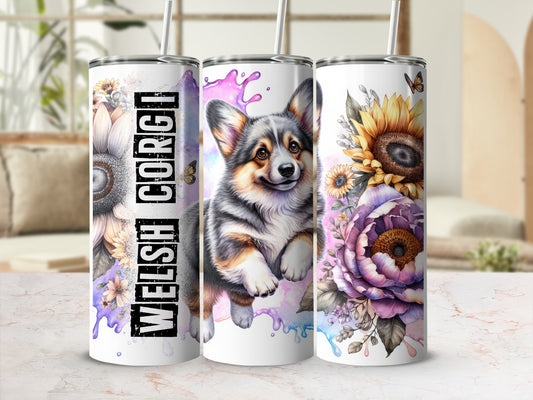 Tumbler with watercolor Welsh Corgi, sunflowers, and purple flowers.
