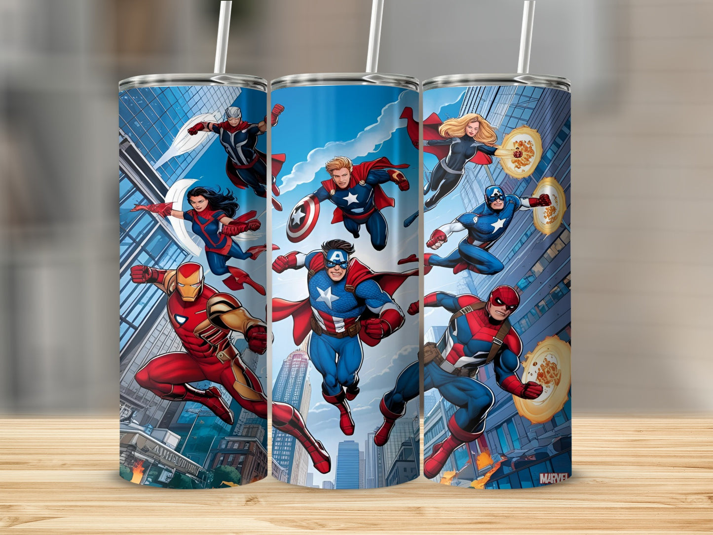 Marvel superheroes Captain America, Iron Man, Spider-Man, and Black Widow on tumblers.
