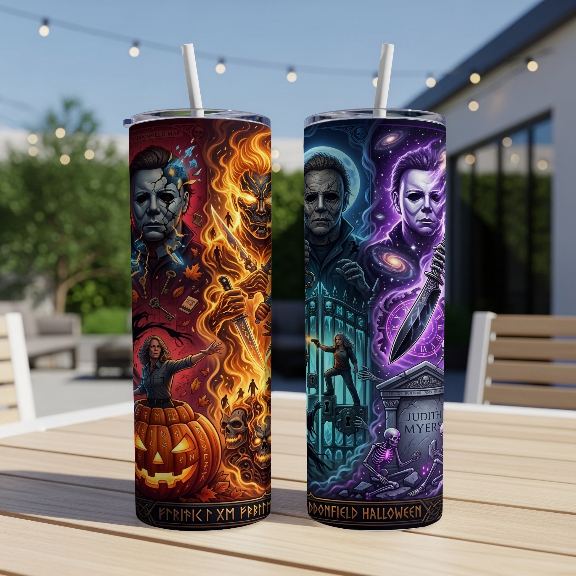 Two tumblers with Halloween Michael Myers art, one with flames, one with space.