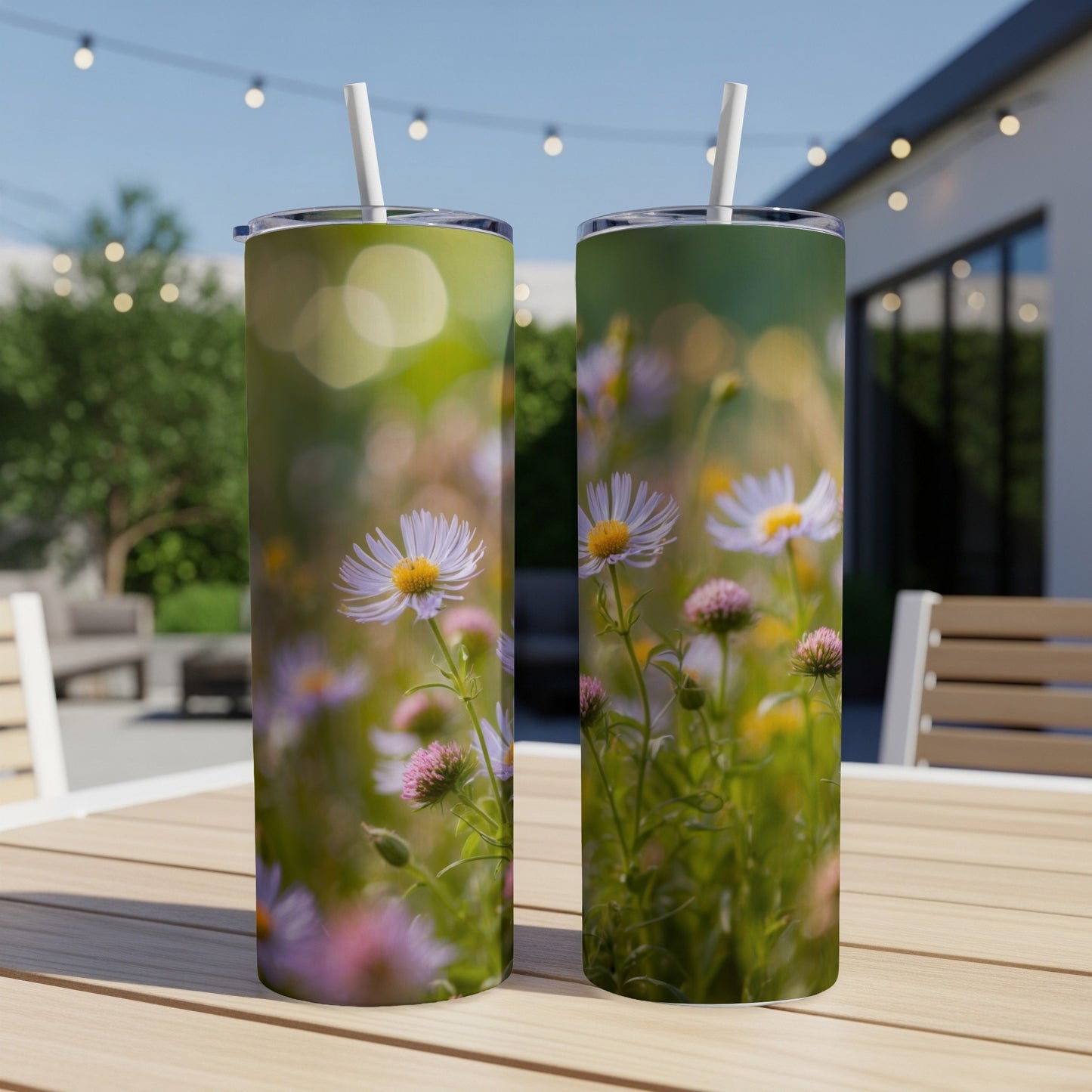 Two tumblers on a table with a floral design.