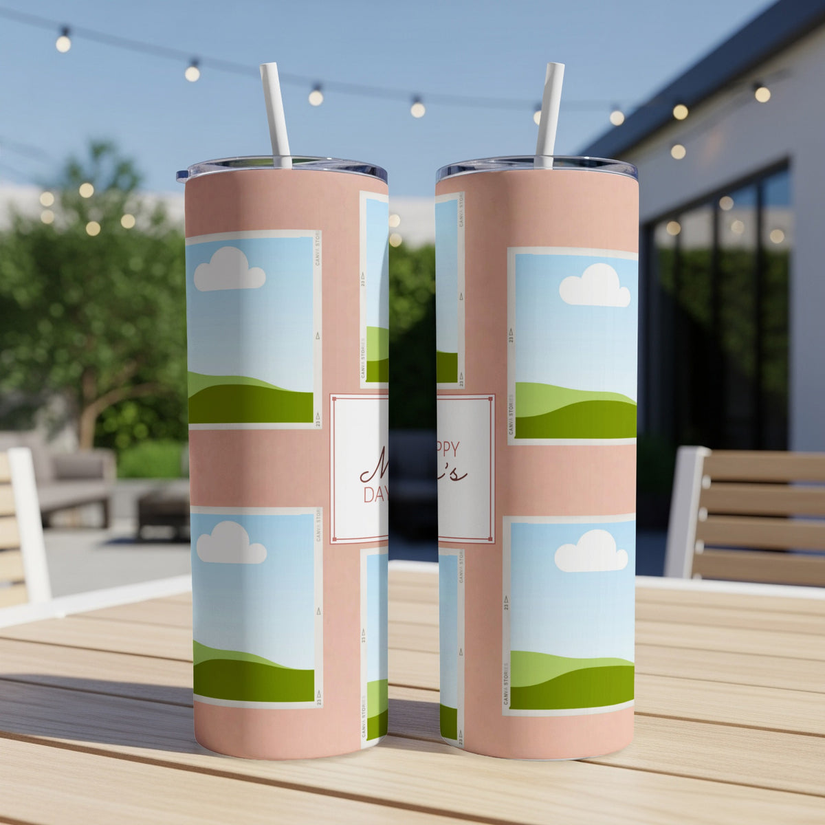 Two pink tumblers with a "Happy Mother's Day" design and photo frames.