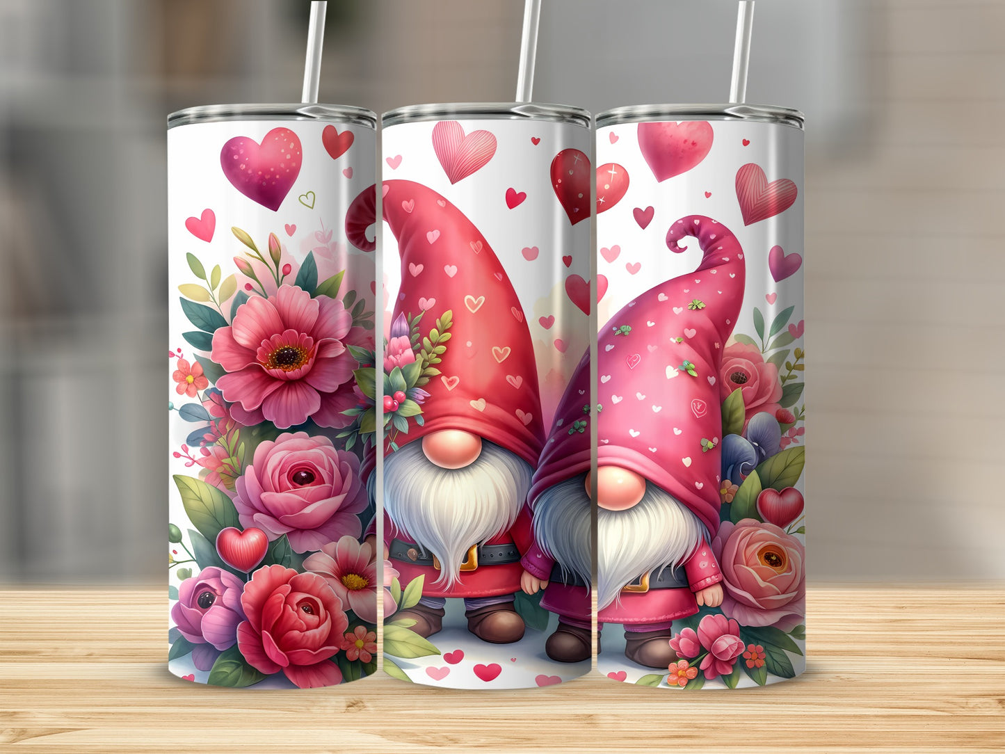 Two gnomes in pink hats surrounded by flowers and hearts.