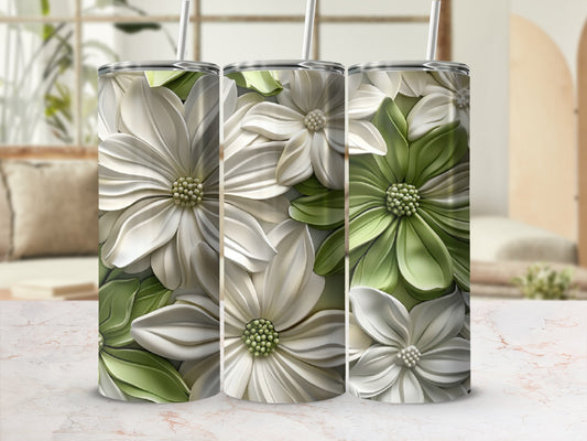 Three tumblers with detailed white and green floral designs.