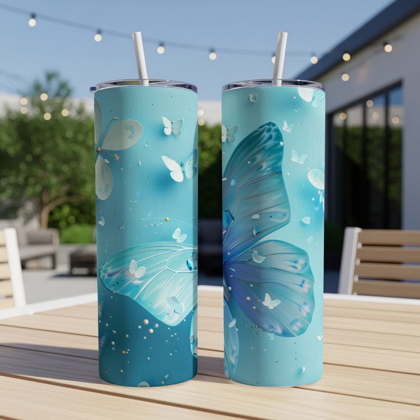 Two blue tumblers with butterfly designs sit on a wooden table outdoors.
