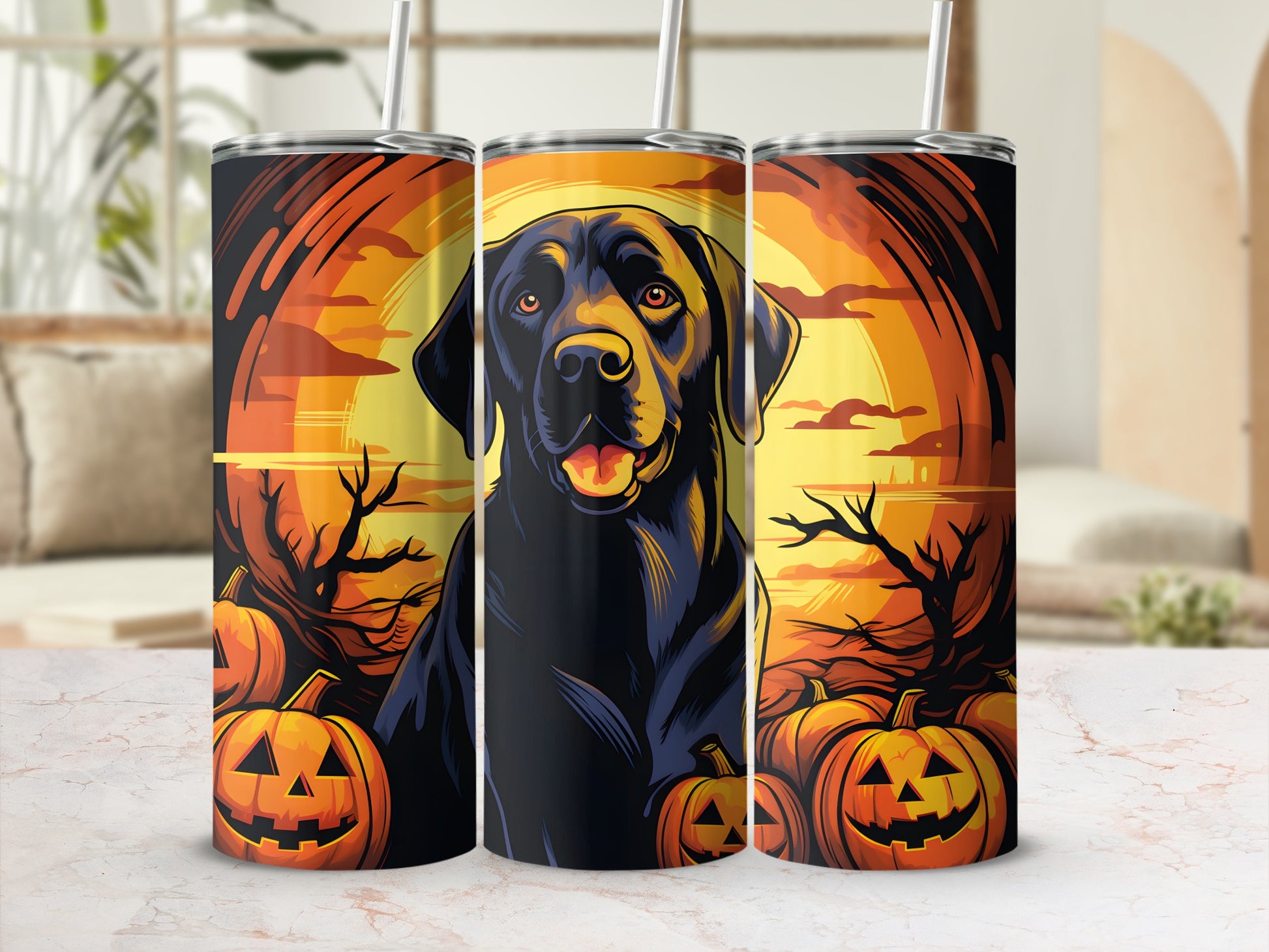 Black Labrador with Halloween pumpkins and spooky trees on a sunset background.