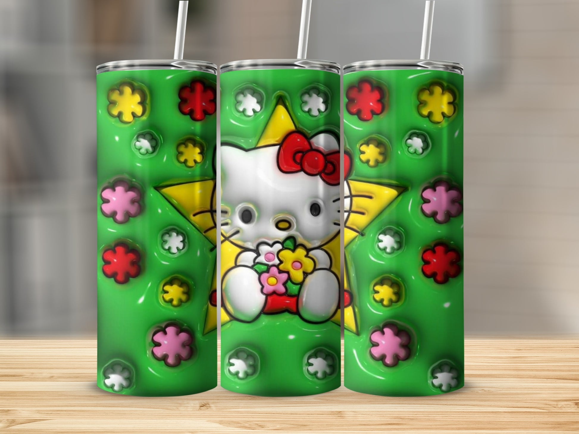 Cute Cartoon Character Green Tumbler with Flowers Design