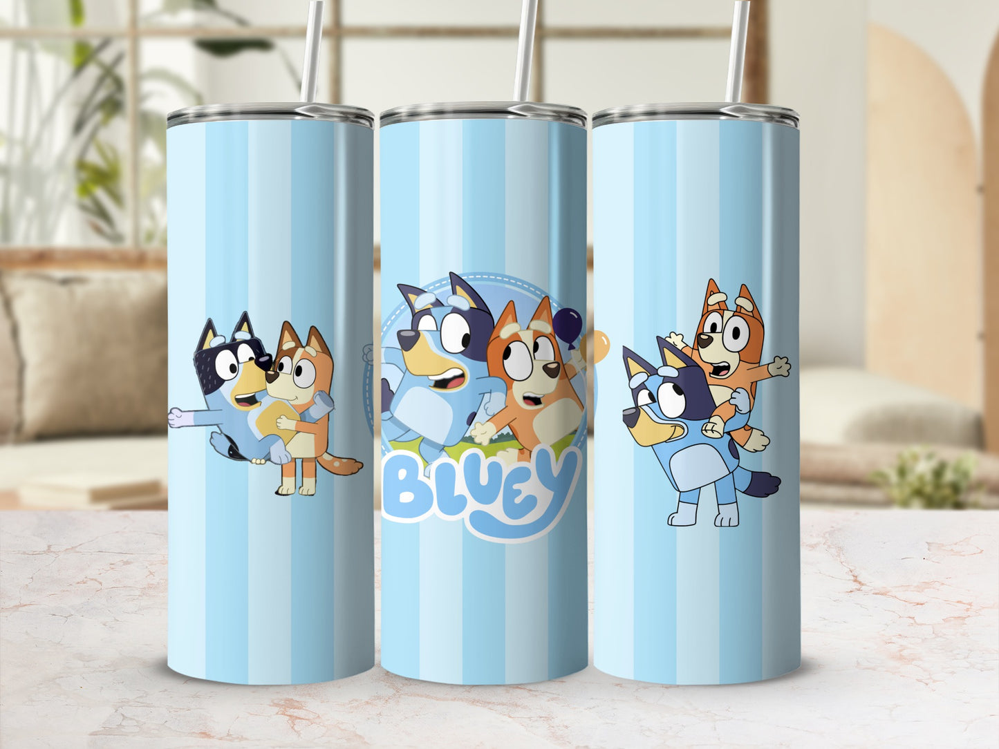 Bluey Cartoon Characters on Vibrant Blue Tumblers