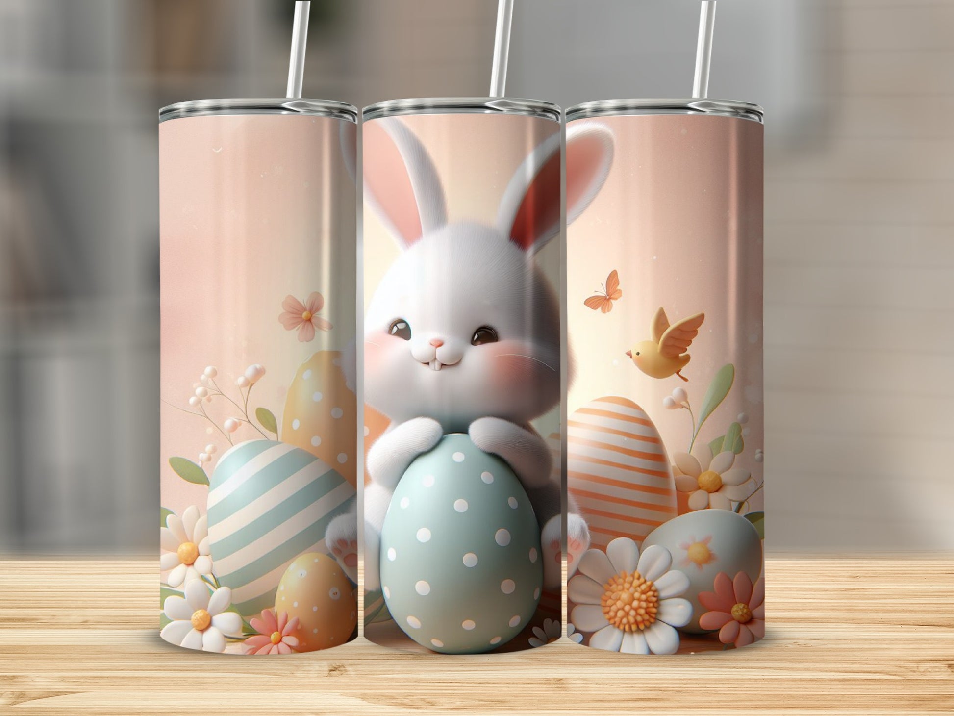 White bunny holding a blue speckled Easter egg, surrounded by eggs and flowers.