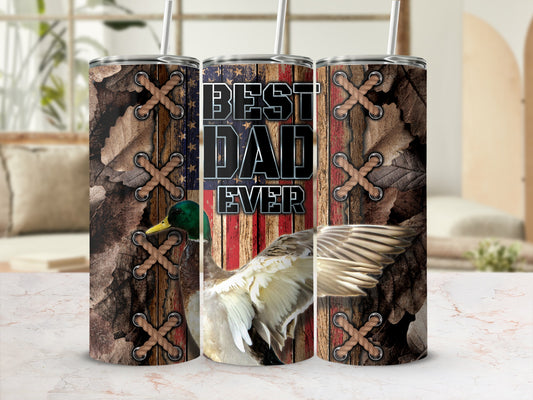 Tumbler with rustic flag, duck, and "Best Dad Ever" text.