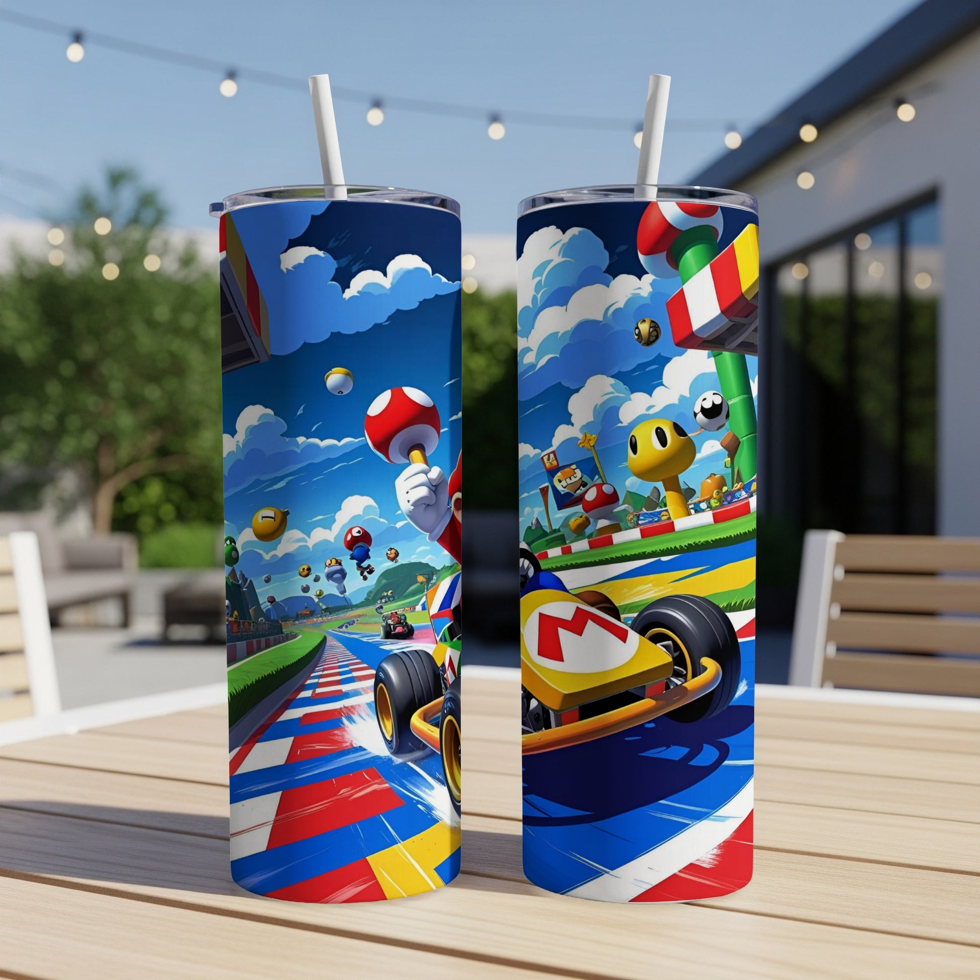 Mario Kart scene with characters racing on a colorful track, on a tumbler.