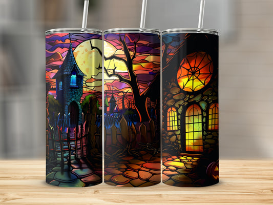Stained glass art of a spooky Halloween castle and pumpkin patch at night.