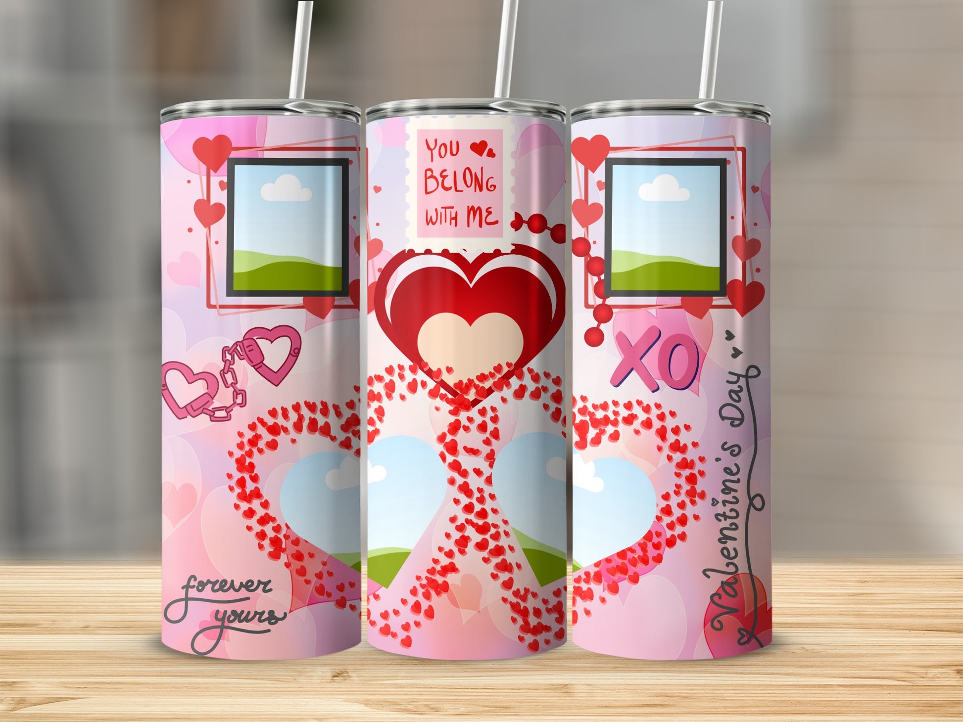 Three tumblers with Valentine's Day designs featuring hearts, photos, and text.