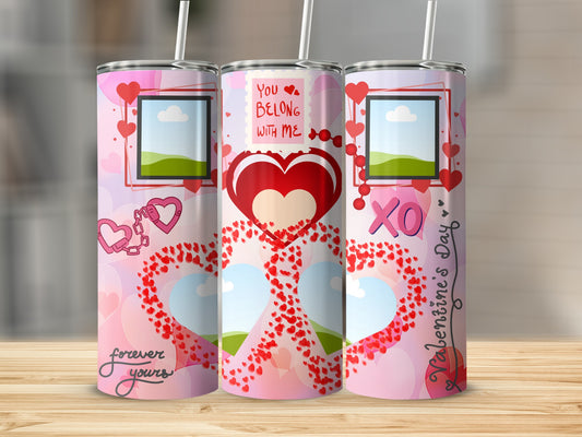 Three tumblers with Valentine's Day designs featuring hearts, photos, and text.