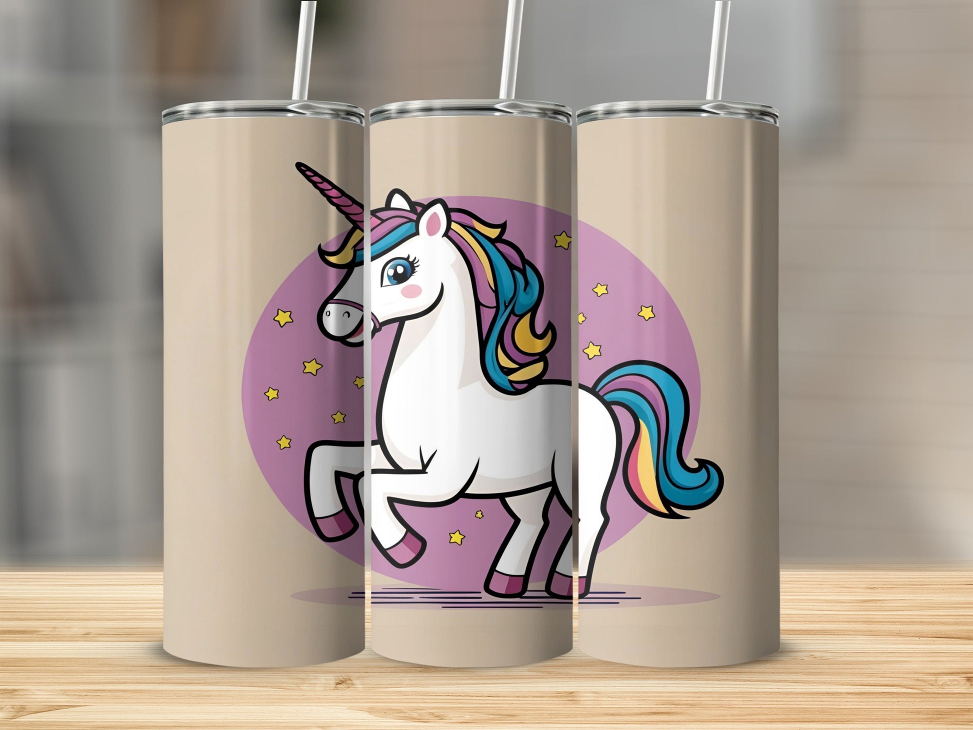 Cartoon unicorn with rainbow mane and tail on tan background.