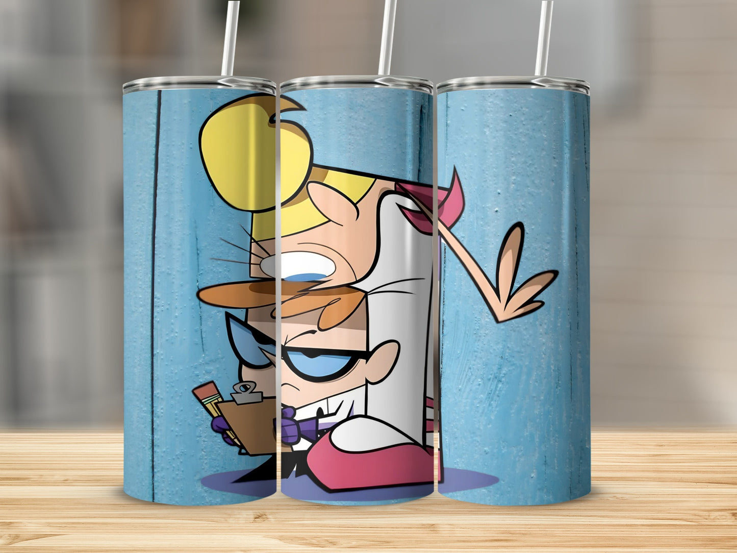 Colorful Funny Character Art on Blue Tumbler Cup