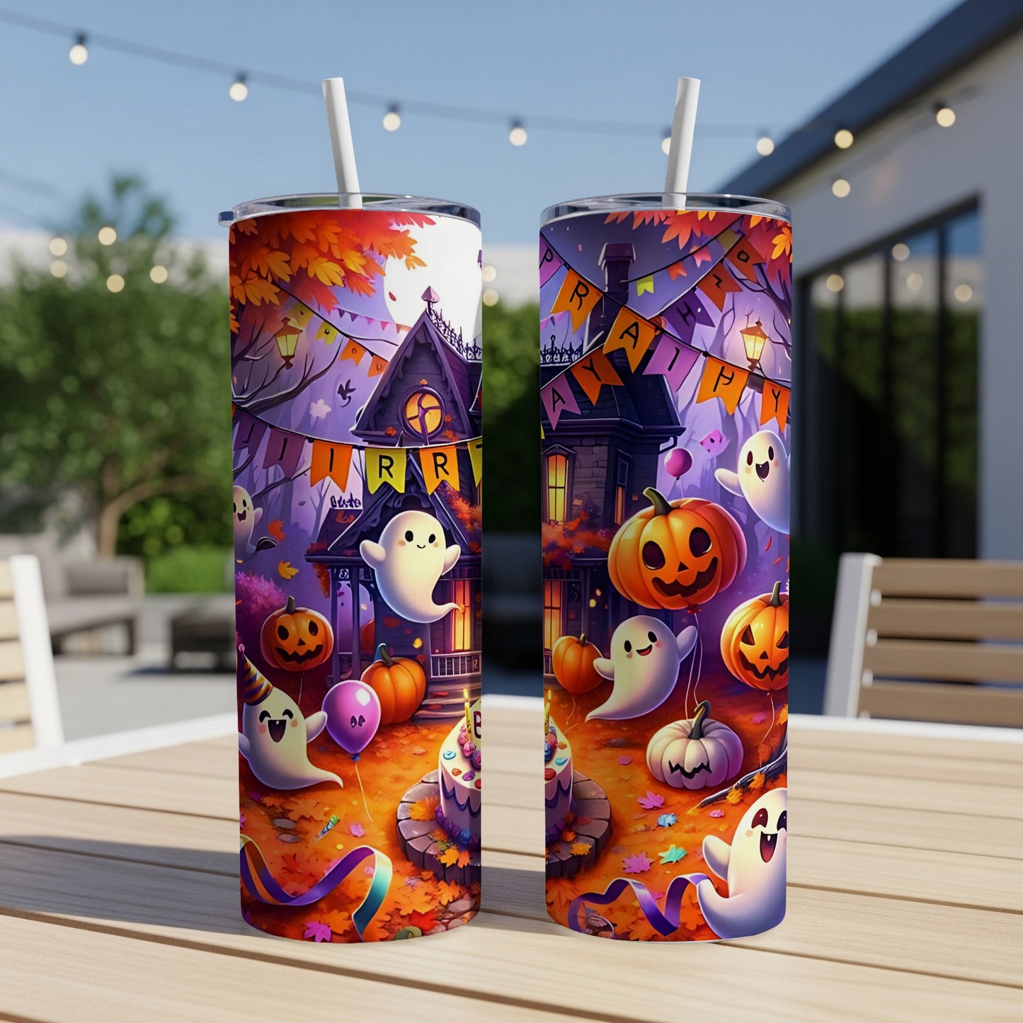 Two tumblers with a Halloween scene featuring ghosts, pumpkins, and "Happy Birthday" banners.