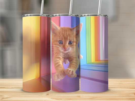 Orange kitten with outstretched paws in front of a colorful gradient background.