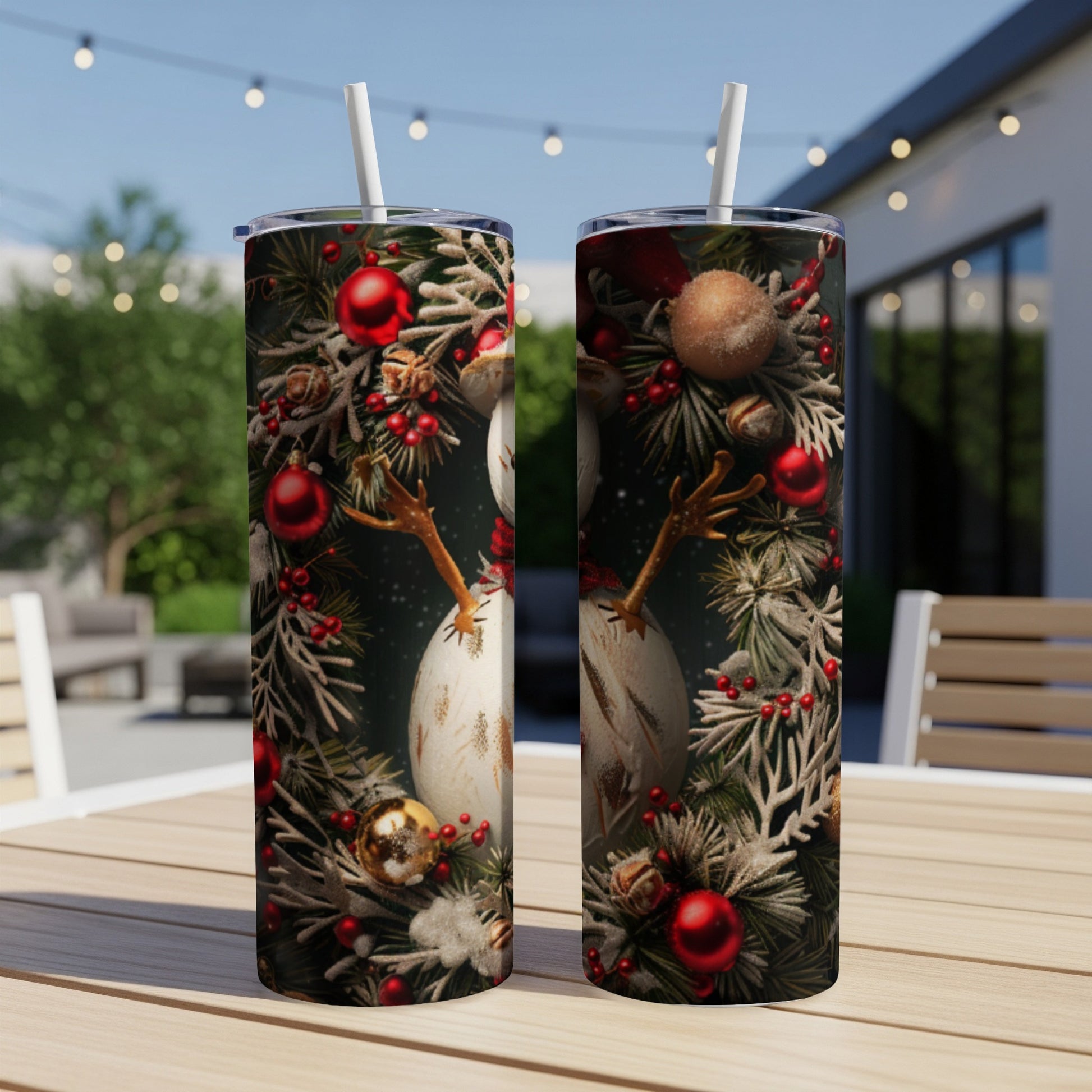Snowman with ornaments and pine branches on a tumbler.