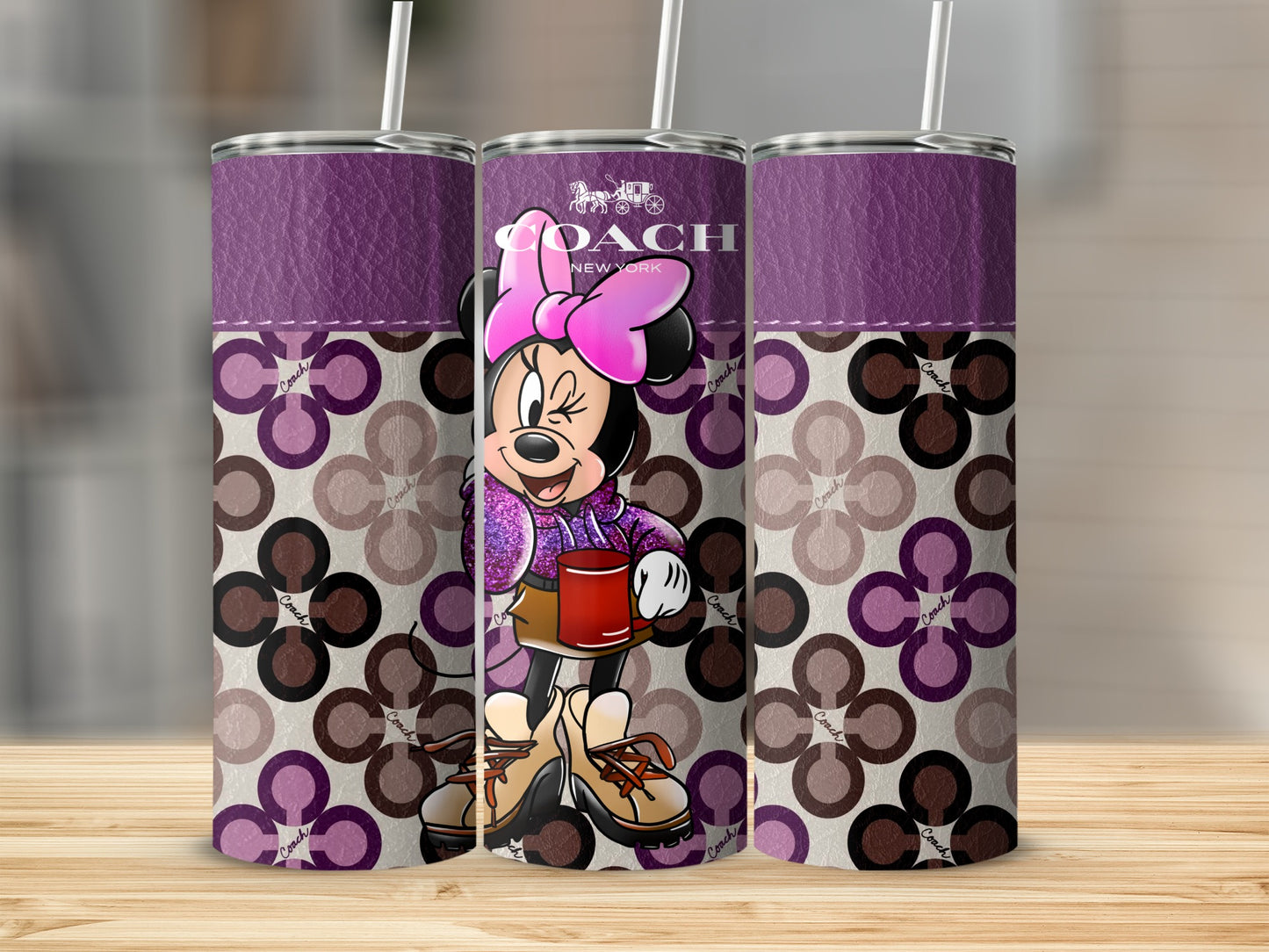 Minnie Mouse with Coach logo on purple and patterned tumblers.
