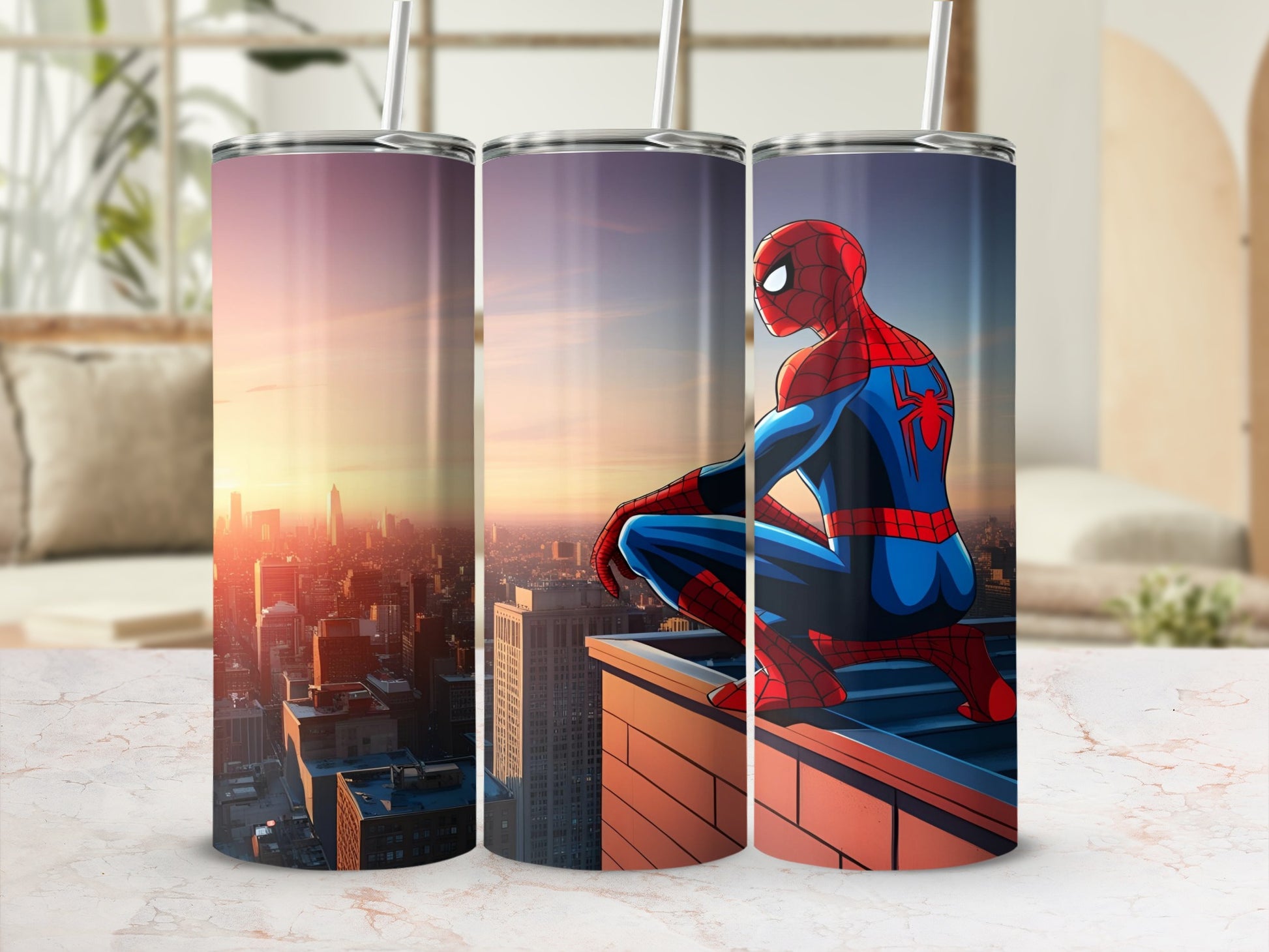 Spider-Man crouches on a rooftop overlooking a city at sunset.