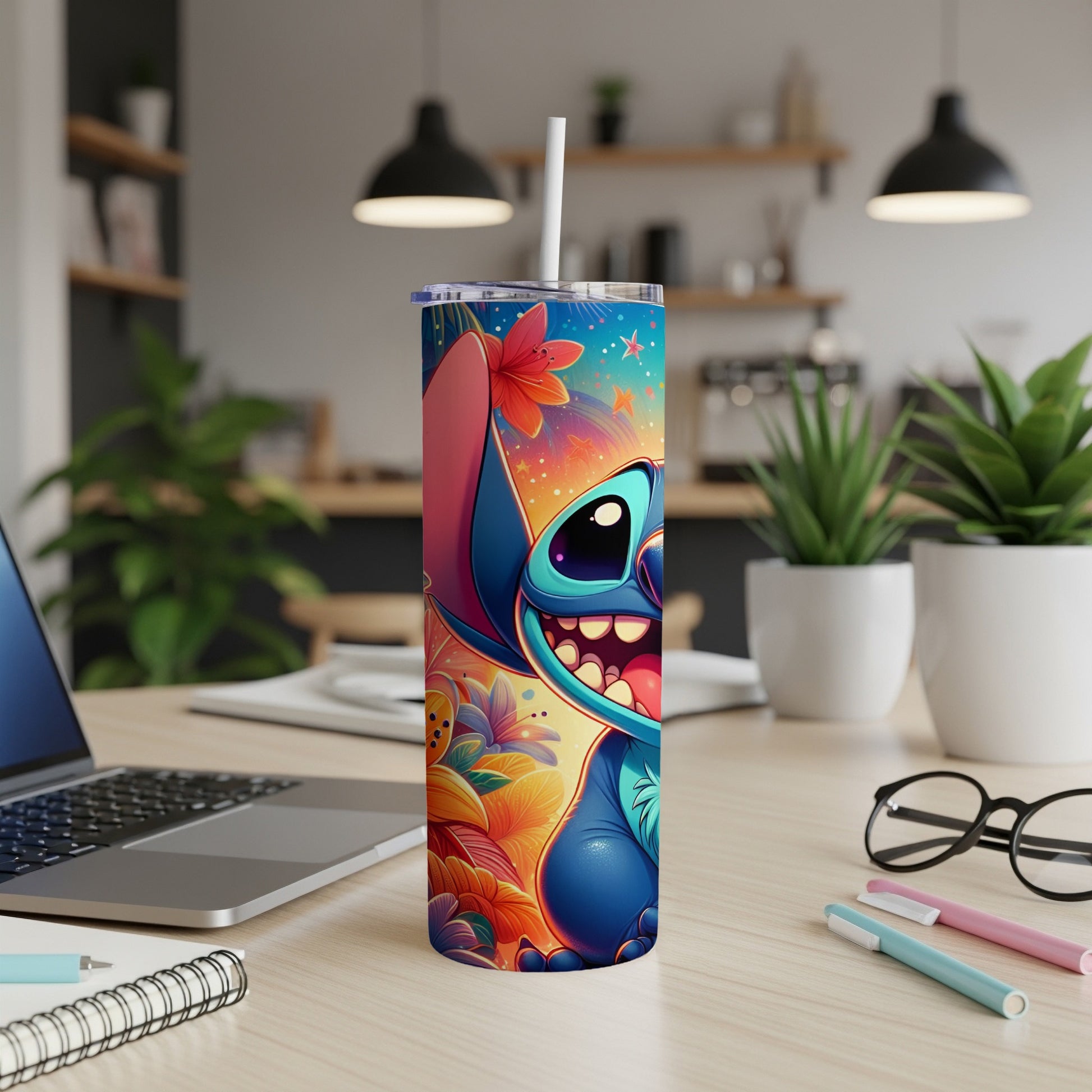 Stitch smiling with colorful floral accents on a tumbler with a straw.