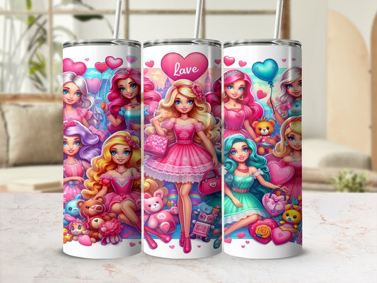Three pink Barbie-themed tumblers with cartoon characters and hearts.