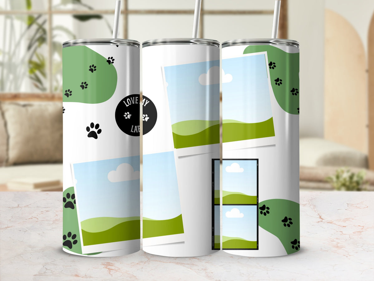Tumblers with paw prints, green shapes, and placeholder photos. "Love My Lab" text.