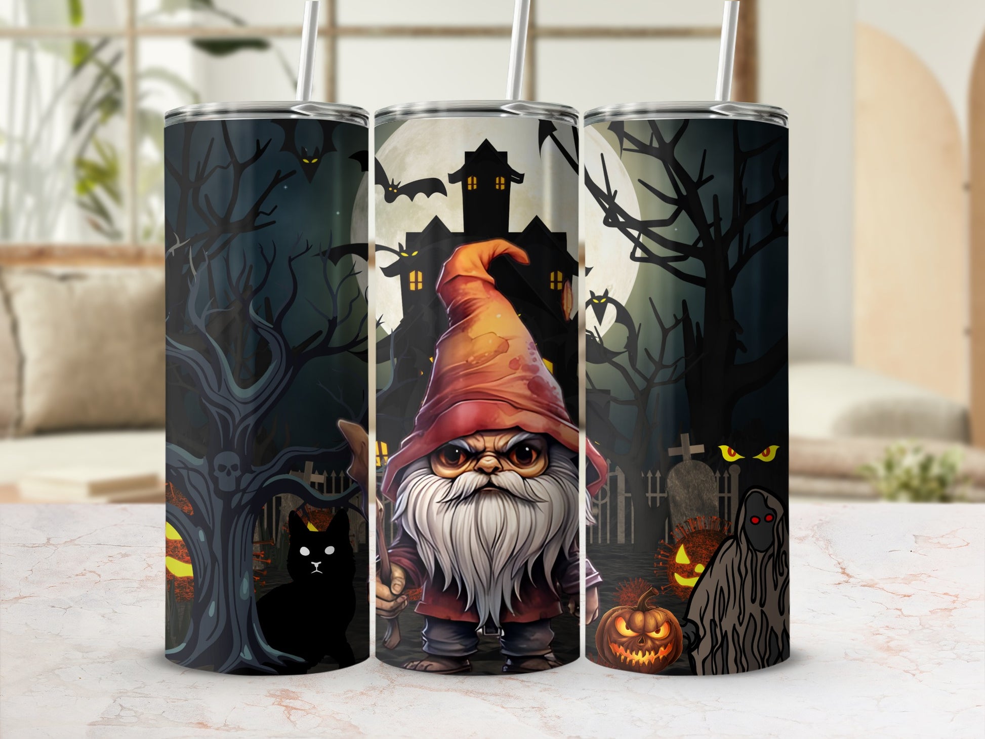 Halloween Gnome and Spooky Scene Tumbler Flask