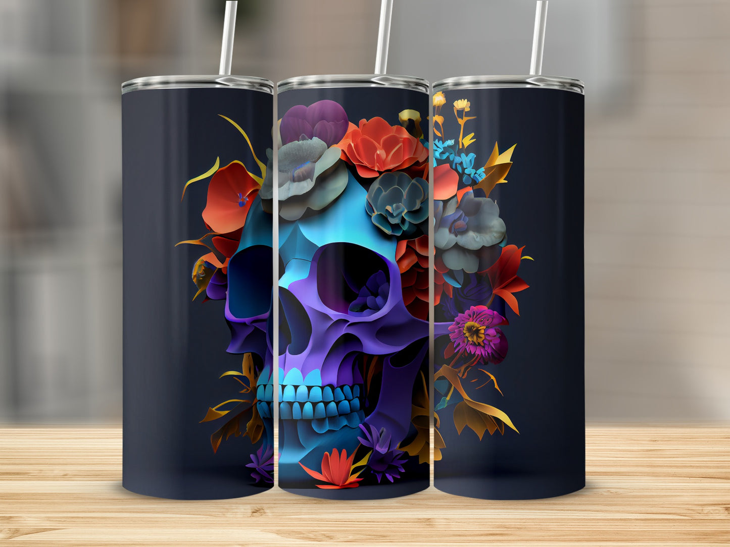 Floral Skull Full Wrap Stainless Steel Tumbler