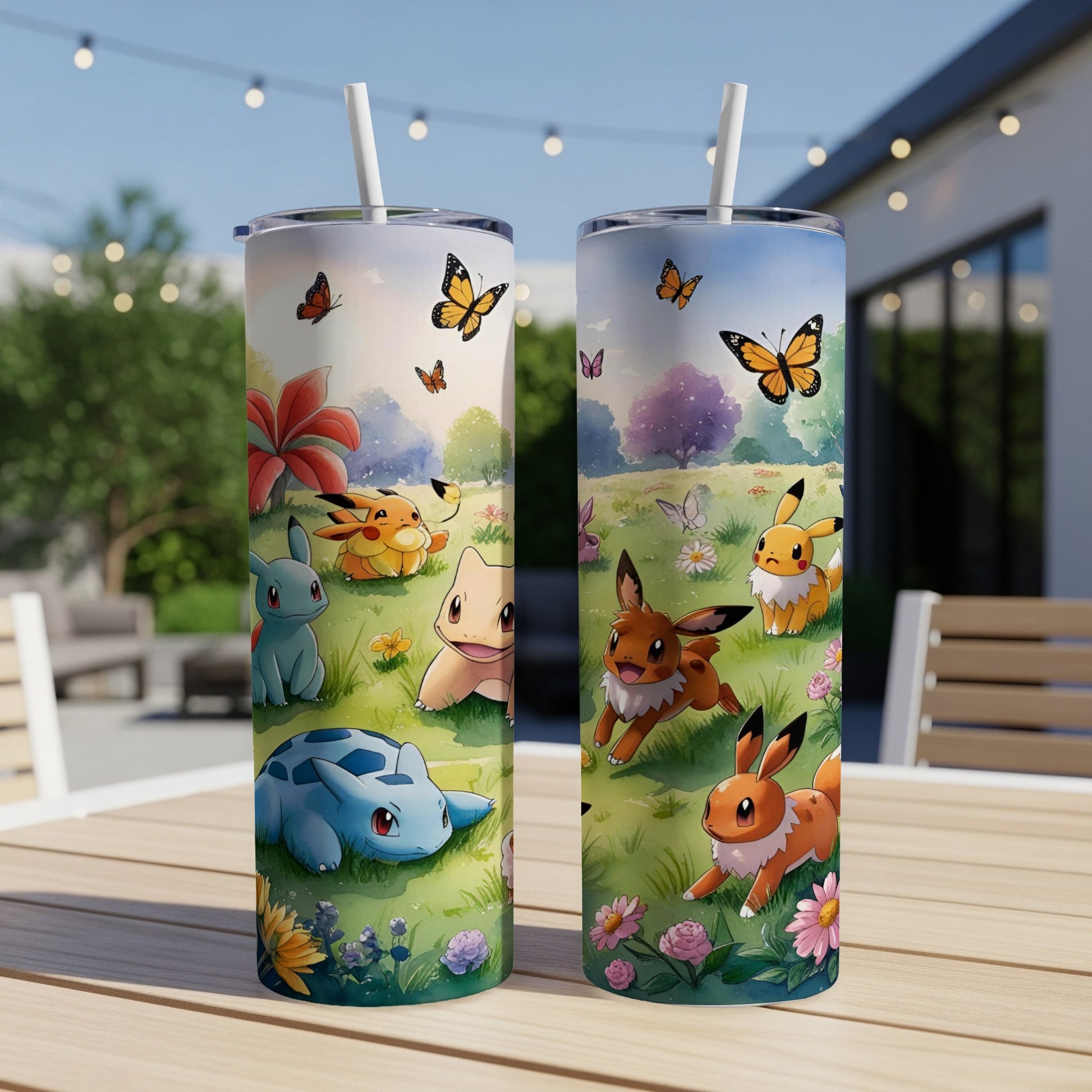 Two Pokémon tumblers featuring Eevee, Pikachu, Bulbasaur, and Butterfree in a grassy field.