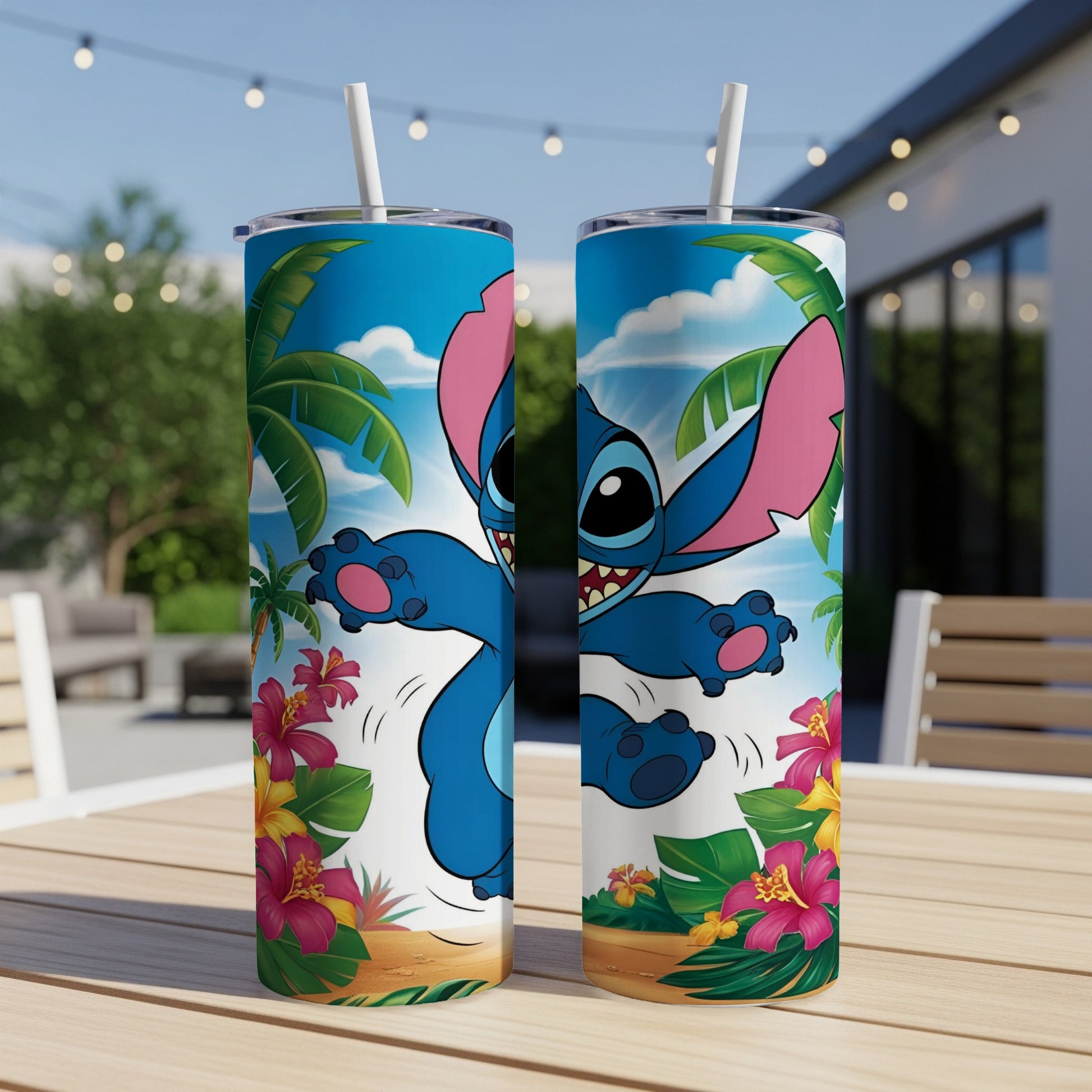 Blue alien character Stitch jumping with tropical flowers and palm trees.