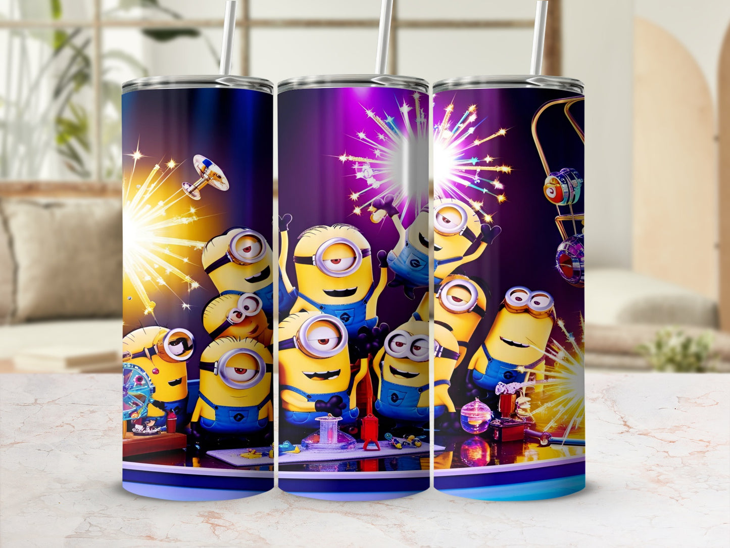 Minions celebrating with fireworks and drinks on a purple background.