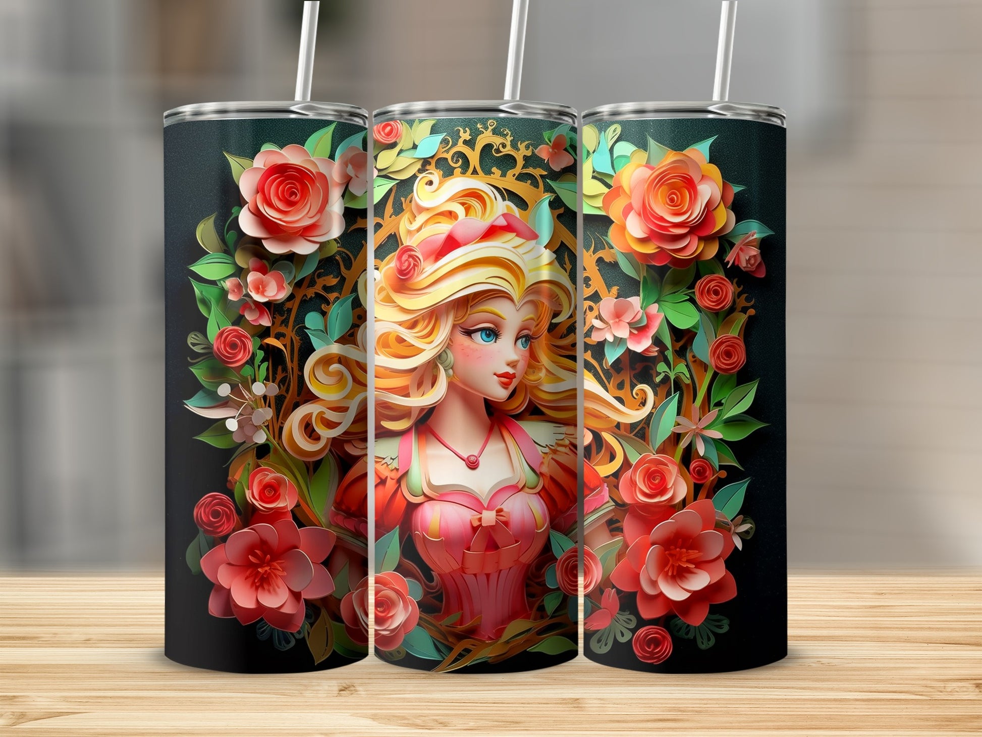 Vibrant Floral Princess Design Insulated Tumbler Cups