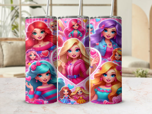Pink, blue, and purple tumblers with cartoon girls and hearts.